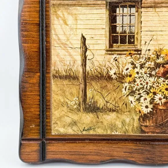 Vintage Rustic Barn Print Daisy Flowers – Wooden Frame Farmhouse MCM Decor - Picture 4 of 11